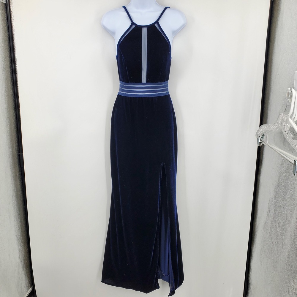 City Triangles Navy Blue Velvet Maxi Dress Halter Whimsigoth Size‎ 3 Y2K Prep